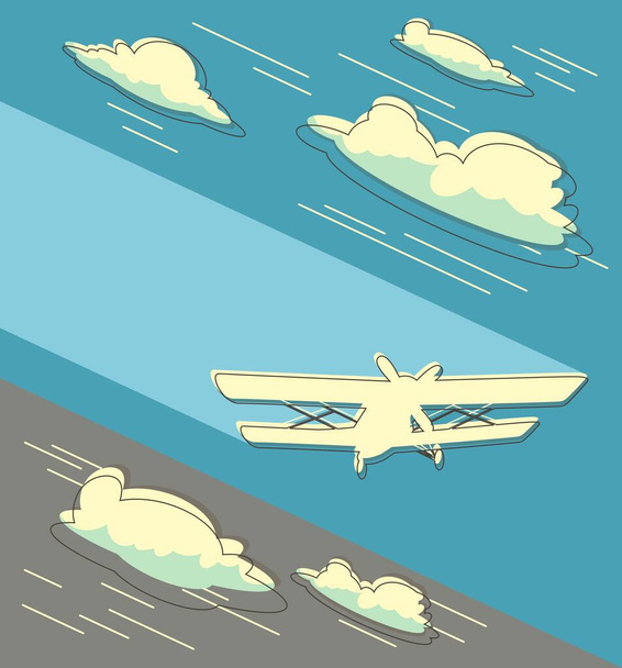 Retro-Hintergrund mit bewölktem Himmel und Doppeldecker. Diagonaler Horizont - Vektor, Bild