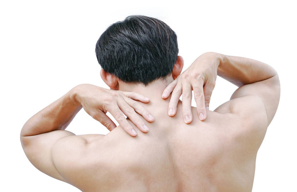 Closeup man hand itching on shoulder and back, healthy care and medical concept - Photo, Image
