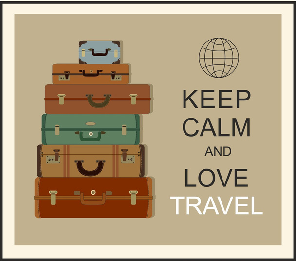 Vintage reizen bagage achtergrond en slogan "Blijf kalm en love travel" - Vector, afbeelding
