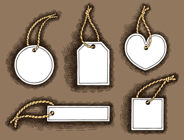 Vector illustration of sketch hand drawn set of engraving tags. Heart, round, circle, square white label and tag in line art vintage and retro style. Background for sale, discount, price, present - Vector, Image