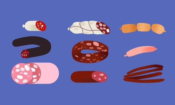 Différents types de saucisses. Illustration de concept alimentaire, icônes vectorielles de viande - Vecteur, image