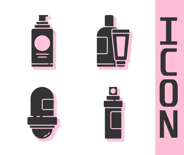 Set profumo, spray può per lacca per capelli, deodorante antitraspirante rotolo e crema o lozione icona tubo cosmetico. Vettore. - Vettoriali, immagini