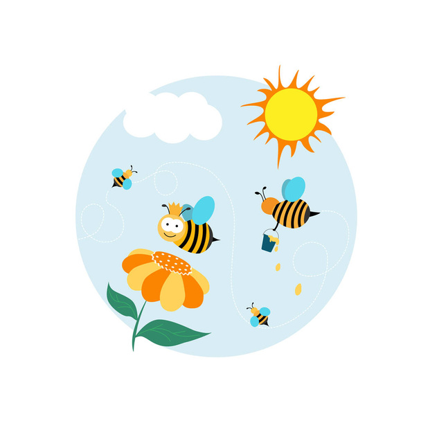 Avispa, personaje de dibujos animados de abejas, girasol, estilo de vector plano. Primavera, temporada de verano. Banner, etiqueta, fondo. Ilustración vectorial, objetos aislados. - Vector, Imagen