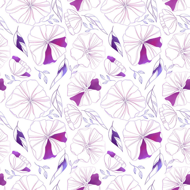 botanical seamless pattern of flowers outline and color - Photo, Image