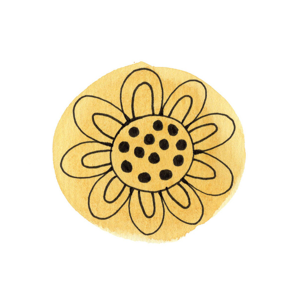 Watercolor yellow circle with line art simple flower. - Photo, Image