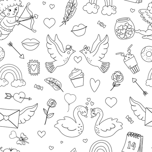 Süslü kalpleri olan siyah-beyaz, pürüzsüz bir model. Aziz Sevgililer Günü sembolleri ile arka planda tekrarlanıyor. Eğlenceli Şubat bayramı dokusu - Vektör, Görsel