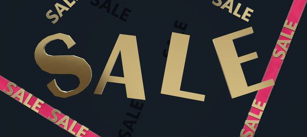 Черная пятница Знамя распродажи с золотым словом Продажа, розовые ленты над черным. 3D иллюстрация - Фото, изображение