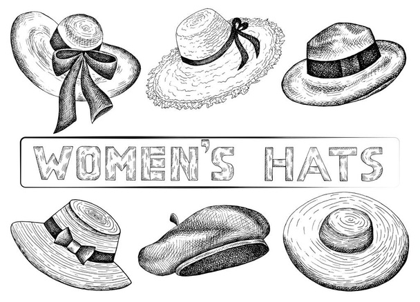 Ilustração vetorial do conjunto desenhado à mão de chapéus femininos de esboço. Estilo vintage e retro. Moda Feminina. Compras, loja, loja. - Vetor, Imagem