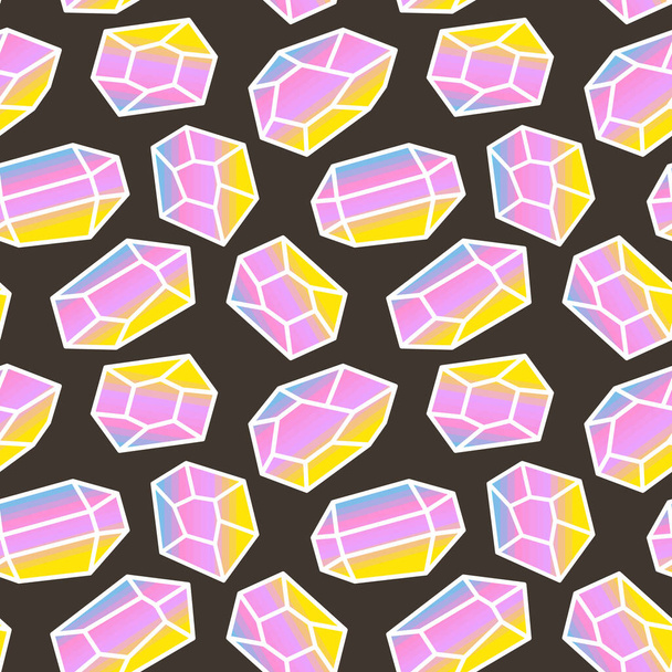 Seamless pattern with colorful scattered precious gems from different cuts on dark background. Vector illustration - Vector, Image