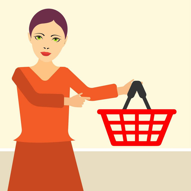 Young woman holding a shopping basket and pointing to it - Vector, Image