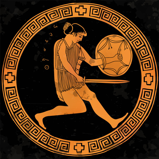 Давньогрецький герой Тесей з мечем і щитом у руках готується до нападу. Малюнок у рамці з національним меандром на антикварних стравах. - Вектор, зображення