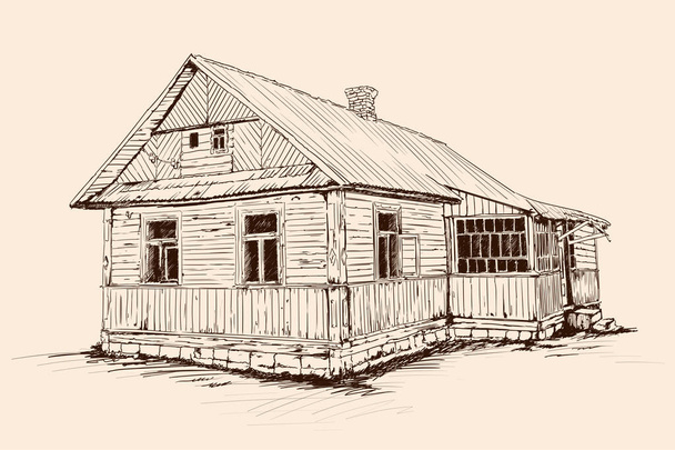 Boceto de la mano sobre fondo beige. Antigua casa de madera rústica sobre una base de piedra con un techo de azulejos. - Vector, Imagen