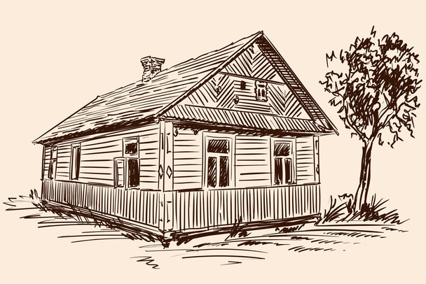 ベージュの背景に手のスケッチ。古い素朴な木造の家や建物の近くの木. - ベクター画像
