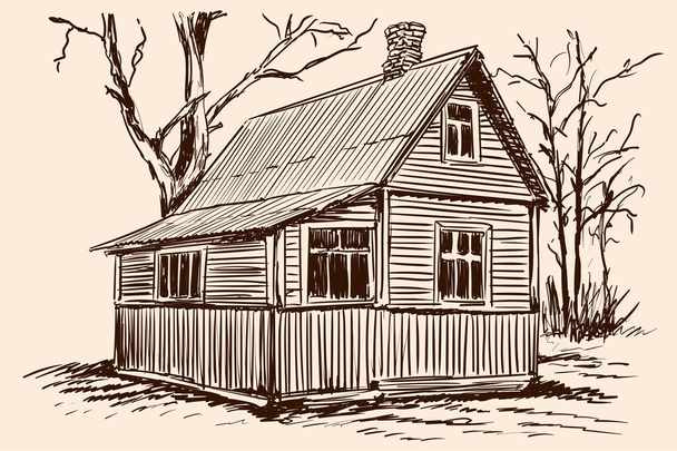 Handskizze auf beigem Hintergrund. Altes rustikales Holzhaus und Baum neben Gebäude. - Vektor, Bild