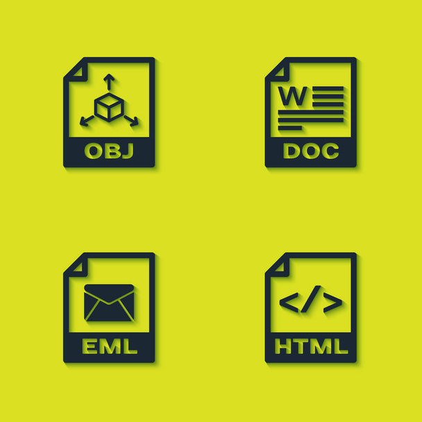 Aseta OBJ-tiedostoasiakirja, HTML, EML ja DOC-kuvake. Vektori. - Vektori, kuva