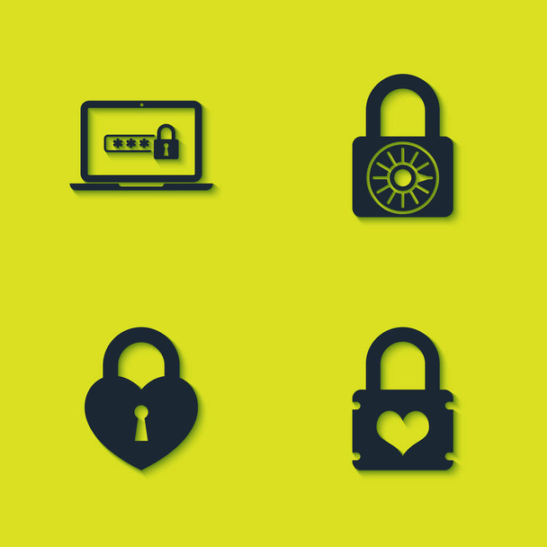 Set Laptop con password, cuore lucchetto, Castello a forma di icona della ruota e combinazione sicura. Vettore. - Vettoriali, immagini