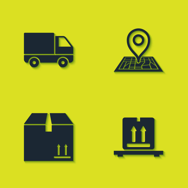 Set Lieferung Lastkraftwagen, Kartons auf Palette, mit Verkehr und Platzhalter-Symbol. Vektor. - Vektor, Bild