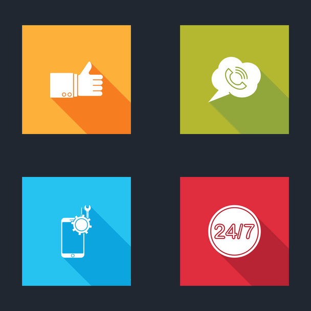 Set Hand thumb up, Speech bubble with phone call, Mobile service and Clock 24 hours icon. Vector. - Vector, Image
