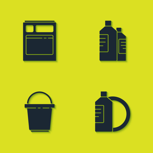 Set Kitchen dishwasher machine, Dishwashing liquid bottle and plate, Bucket and Bottles for cleaning agent icon. Vector. - Vector, Image
