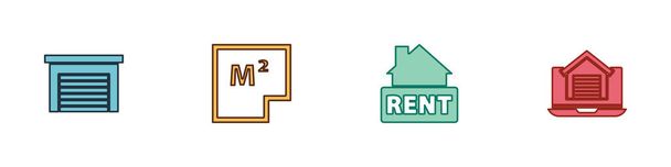 Set Garage, Casa piano, cartello appeso con Rent e icona della casa immobiliare online. Vettore. - Vettoriali, immagini