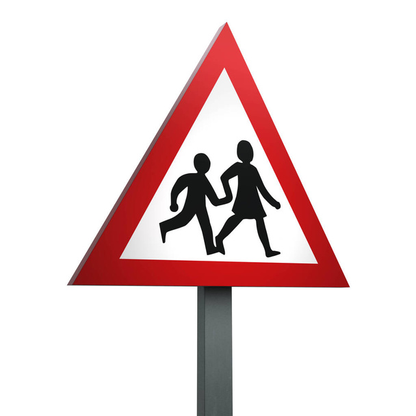 3D Render of Traffic Sign of School kruising patrouille vooruit Over een witte achtergrond - Foto, afbeelding