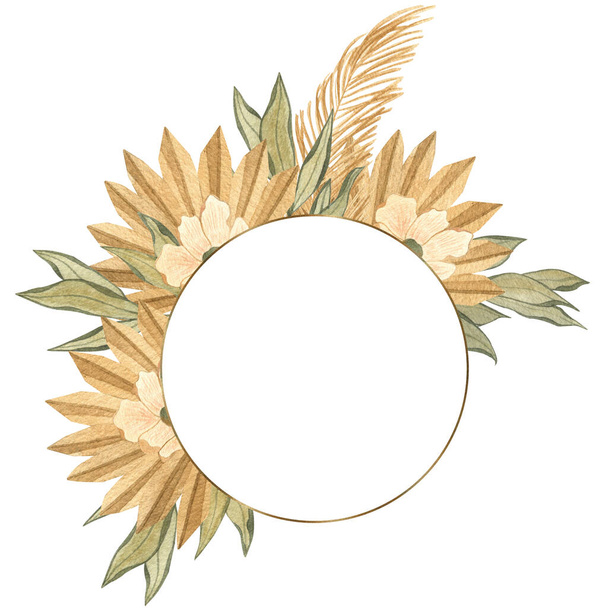 Υδατογραφία πλαίσιο κύκλο με αποξηραμένα τροπικά φύλλα φοίνικα και λουλούδια σε στυλ Boho. Χειροποίητα καλοκαιρινά λουλούδια εικονογράφηση για πρόσκληση γάμου, ευχετήρια κάρτα και άλλα. - Φωτογραφία, εικόνα