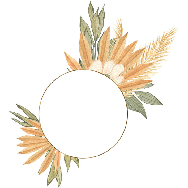 Aquarel cirkel frame met gedroogde tropische palmbladeren en bloemen in boho stijl. Hand getekend zomer bloemen illustratie voor bruiloft uitnodiging, wenskaart en andere. - Foto, afbeelding