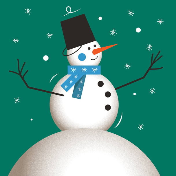 Cartoon sneeuwpop glimlachend en proberen om sneeuwvlokken te vangen op koude groene achtergrond. Winter illustratie, vector grafisch ontwerp voor elk doel: banner, poster, kerst en gelukkig nieuwjaar ansichtkaart - Vector, afbeelding
