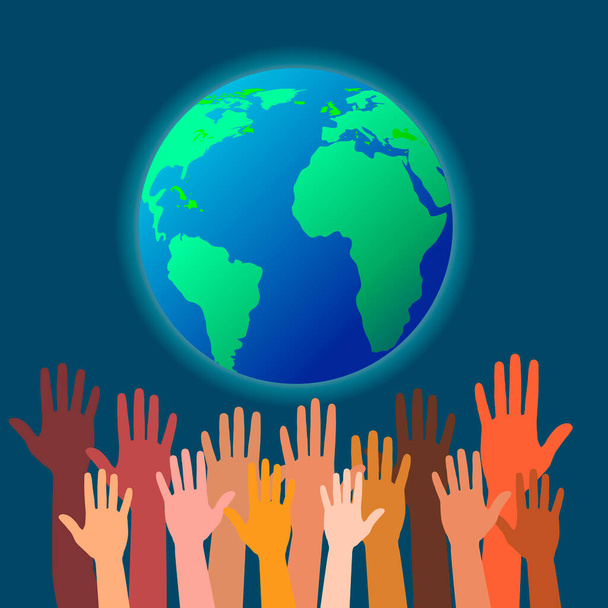  Különböző színű és színű kezek csoportja. A világ népei, kulturális és etnikai sokszínűség. Mentsd meg a kék bolygót. Az emberek segítenek és gondoskodnak a Földről. Sablon a Föld Napjára. Mentsd meg a világot  - Vektor, kép