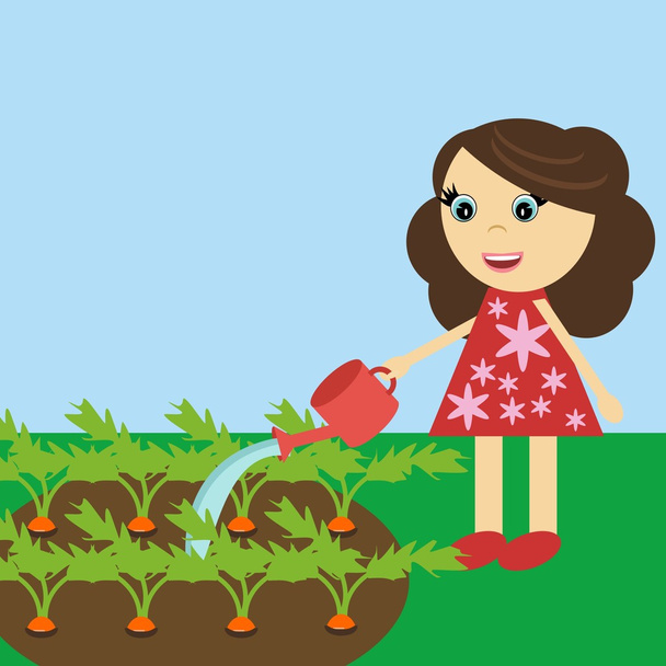 Girl watering carrot - Вектор, зображення