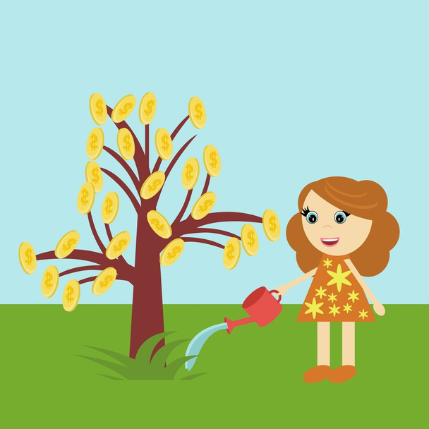Girl watering money tree - Vektor, obrázek