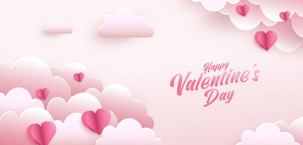 Happy Valentine 's Day Grußkarte Design. Feiertagsbanner mit Herzformen im Stil der Papierkunst. Illustration von Papierkunst und digitalem Handwerk - Vektor, Bild