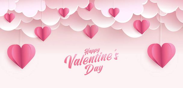 Happy Valentine's Day greeting card design. Holiday banner with paper art style heart shapes. Paper art and digital craft style illustration - Vector, Image