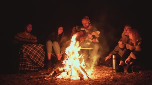 Picnic of young people with bonfire in forest in the evening. Cheerful friends singing songs and playing guitar. - Footage, Video