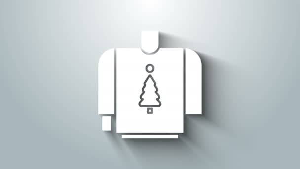 Белый рождественский свитер с норвежскими орнаментами и иконкой праздничных украшений выделен на сером фоне. Вязаный зимний прыгун. Видеографическая анимация 4K - Кадры, видео