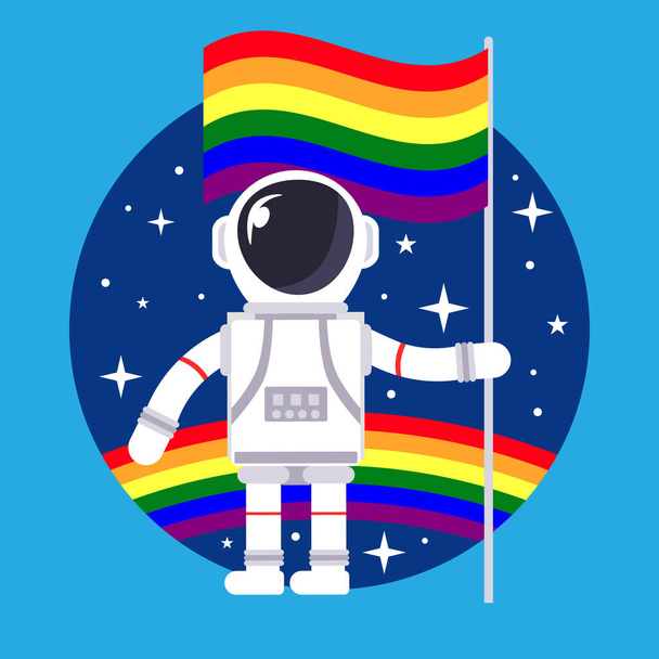 Astronaut holding a gay flag in front of rainbow and space in the background. LGBT and homosexuality concept template. Copy space for design. Flat style design vector - Vector, Image