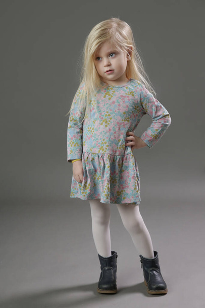Fashion studio portrait of adorable 3 years old blonde girl in floral pattern dress on grey background. - Фото, изображение