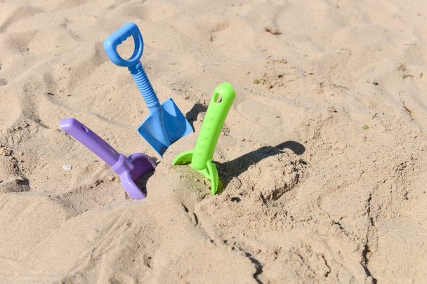 blue, green and purple beach shovel stuck in the sand on a sunny - Фото, изображение
