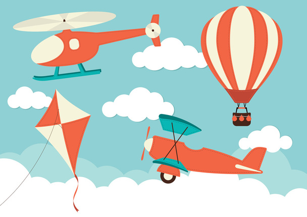 helikopter, vliegtuig, kite & hete lucht ballon - Vector, afbeelding