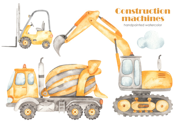 Kazıcılı inşaat makineleri, forklift, beton karıştırıcı kamyon, beton kamyon. Suluboya el çizimi Clipart - Fotoğraf, Görsel