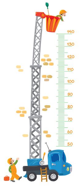 μετρητής τοίχο (υψόμετρο) με δύο αστεία εργαζομένων και μηχανή-ανελκυστήρα - Διάνυσμα, εικόνα
