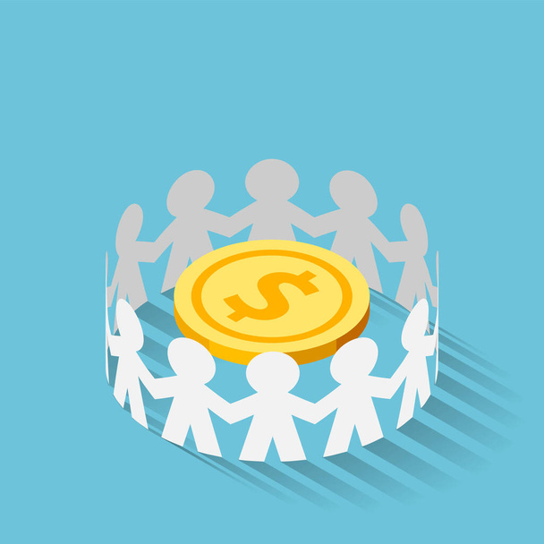 Flat 3d Isometric Paper People Surrounded Golden Dollar Coin. Money Protection and Financial Saving Insurance Concept - Vector, Image