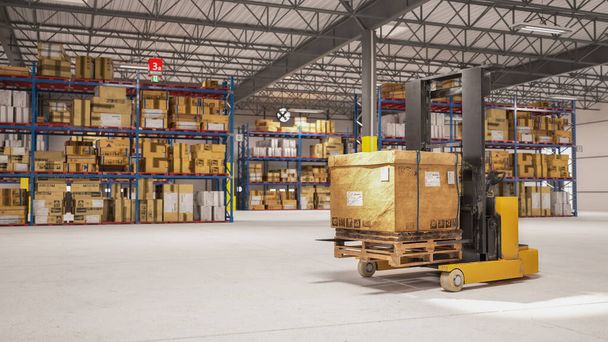 Electric stacker hand pallet lift lifting carton package for customer delivery in storage warehouse. Business and logistics concept. Vehicle transportation shipping industry. 3D illustration rendering - Photo, Image