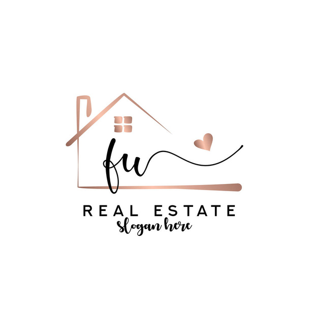 Iniziale scrittura a mano FU con concetto di logo immobiliare, logo immobiliare, marchio immobiliare - Vettoriali, immagini