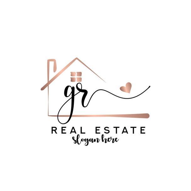 Iniziale GR calligrafia con concetto di logo immobiliare, logo immobiliare, marchio immobiliare - Vettoriali, immagini
