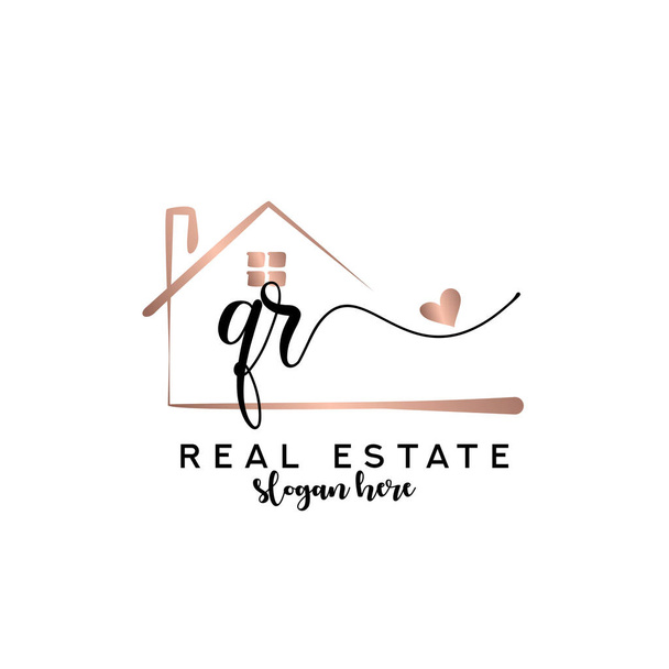 Iniziale scrittura a mano QR con concetto di logo immobiliare, logo immobiliare, marchio immobiliare - Vettoriali, immagini