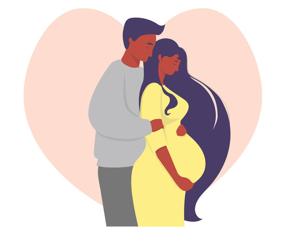 Maternidad y familia de piel oscura. mujer embarazada feliz en un vestido amarillo abraza su estómago con las manos y al lado de un hombre de origen étnico. En el contexto del corazón. Ilustración vectorial - Vector, Imagen