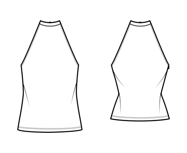 Set of Tops high neck halter tanks technical fashion illustration with bow, slim, oversized fit, waist length. Flat - Vektor, Bild