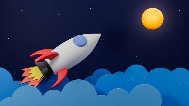 Rakieta latająca nad chmurą poleci na księżyc na tle galaktyki.Biznes startup concept 3d model i ilustracja. - Zdjęcie, obraz