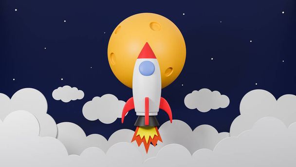 Rakieta latająca nad chmurą poleci na księżyc na tle galaktyki.Biznes startup concept 3d model i ilustracja. - Zdjęcie, obraz